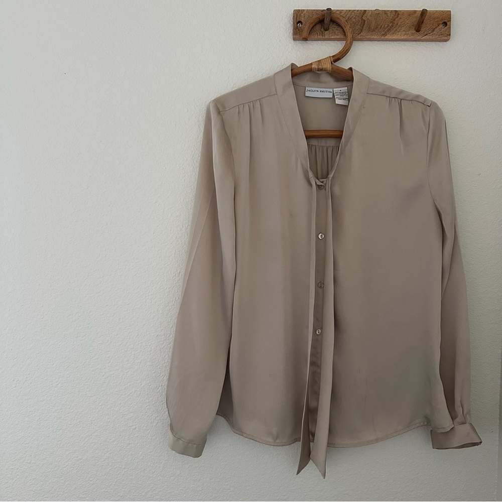 Jaclyn Smith Taupe Women's Blouse bow tie shirt